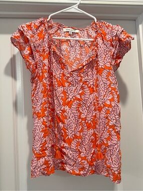 Rose & Olive Pink and Orange Printed Tropical Flutter Sleeve Top with Tassels